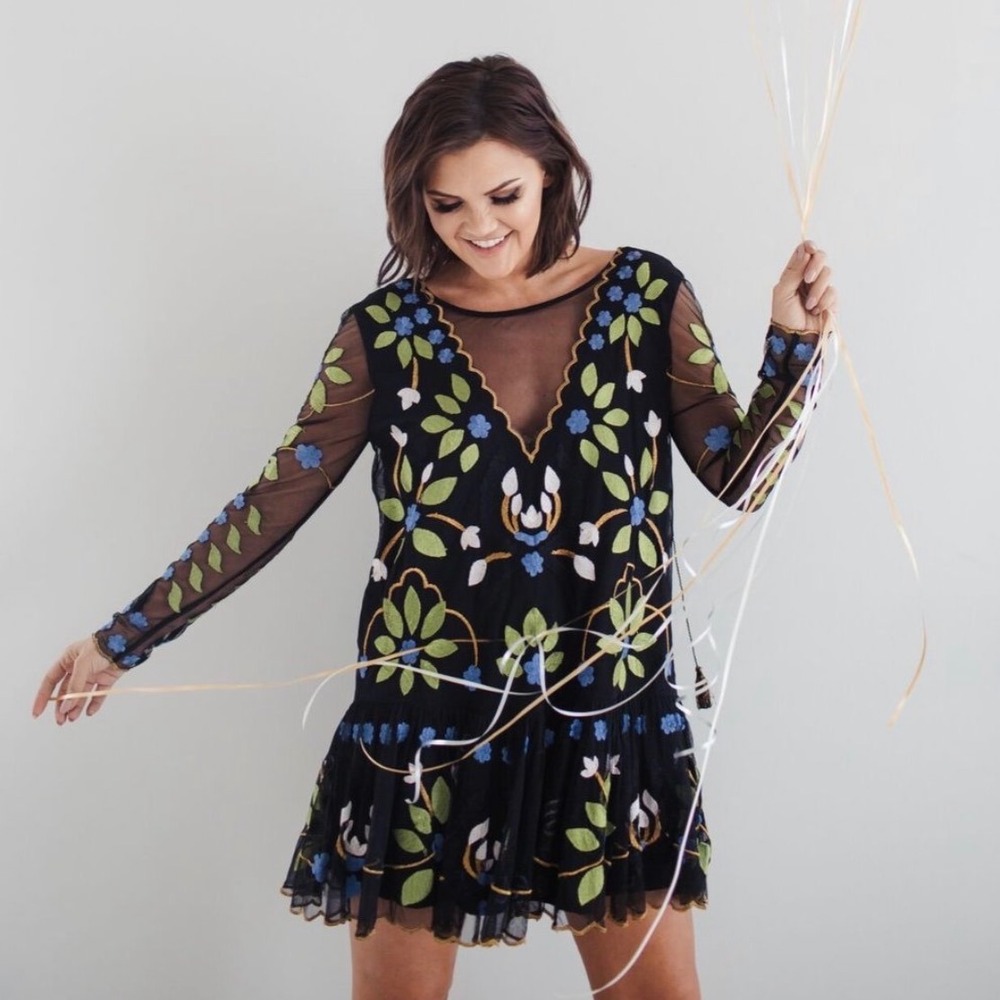 Free People Hearts are Wild Embroidered Mesh Mini Dress Black Floral XS NWOT